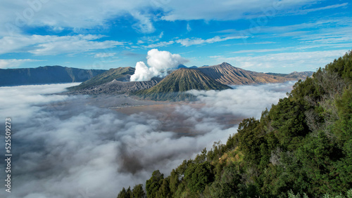 Aerial view of the Mount Bromo, is an active volcano and part of the Tengger massif, in East Java, Indonesia. East Java, Indonesia, August 24, 2022