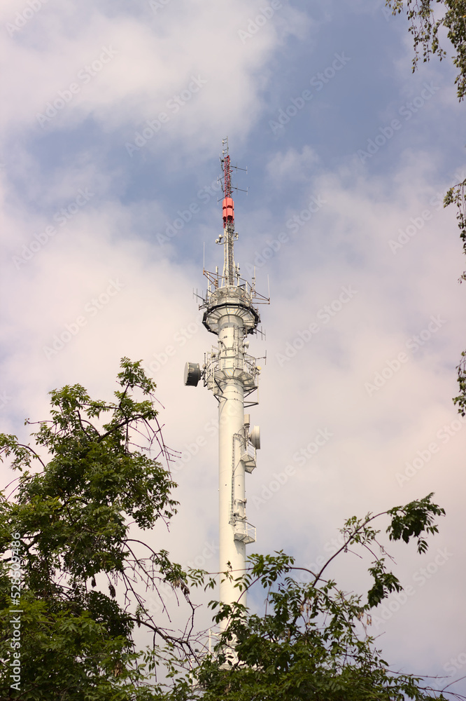 Poland, Lublin, Radio broadcasting mast against the sky.