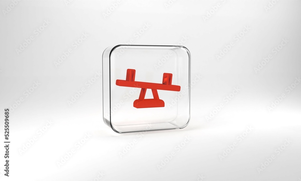 Red Seesaw icon isolated on grey background. Teeter equal board. Playground symbol. Glass square button. 3d illustration 3D render Red Seesaw icon isolated on grey background. Teeter equal board. Playground symbol. Glass square button. 3d illustration 3D render