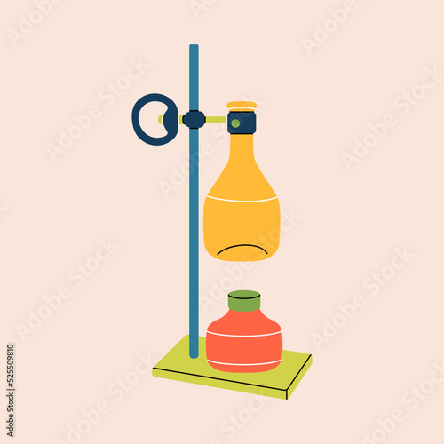 Flat line style laboratory experiment. Experiment equipment, chemistry, research, lab work, chemical reaction, medicine. Abstract trendy minimalist illustration for sticker, icon, badge.