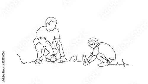 One continuous line of a father teaches his son to grow crops. Vector illustration of minimalist style on a white background.