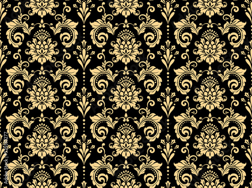 Wallpaper in the style of Baroque. Seamless vector background. Gold and black floral ornament. Graphic pattern for fabric, wallpaper, packaging. Ornate Damask flower ornament