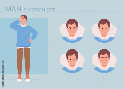 Nervous young man semi flat color character emotions set. Editable facial expressions. Awkwardness vector style illustration for motion graphic design and animation. Comfortaa font used