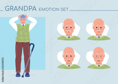 Stunned grandpa semi flat color character emotions set. Editable facial expressions. Shock effect vector style illustration for motion graphic design and animation. Comfortaa font used