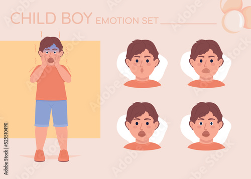 Scared little child semi flat color character emotions set. Editable facial expressions. Fright vector style illustration for motion graphic design and animation. Quicksand font used