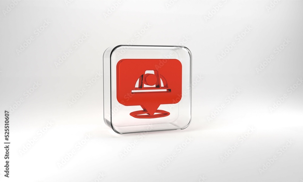 Red Worker safety helmet icon isolated on grey background. Glass square button. 3d illustration 3D render Red Worker safety helmet icon isolated on grey background. Glass square button. 3d illustration 3D render