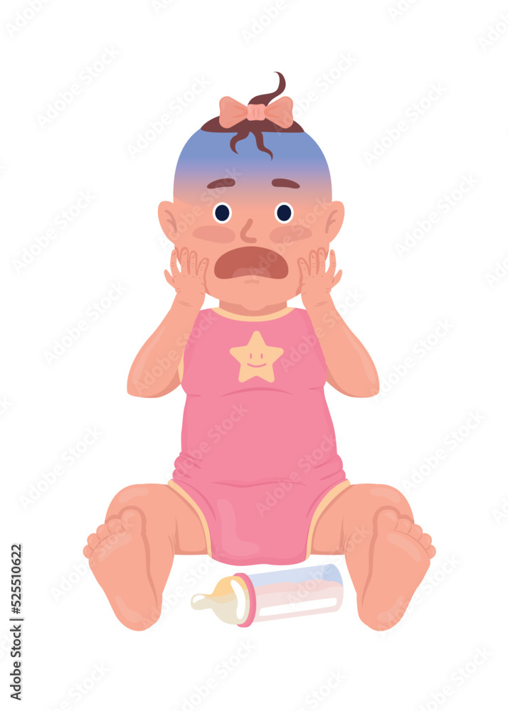 Naklejka premium Scared baby girl with bottle semi flat color vector character. Editable figure. Full body person on white. Emotion simple cartoon style illustration for web graphic design and animation