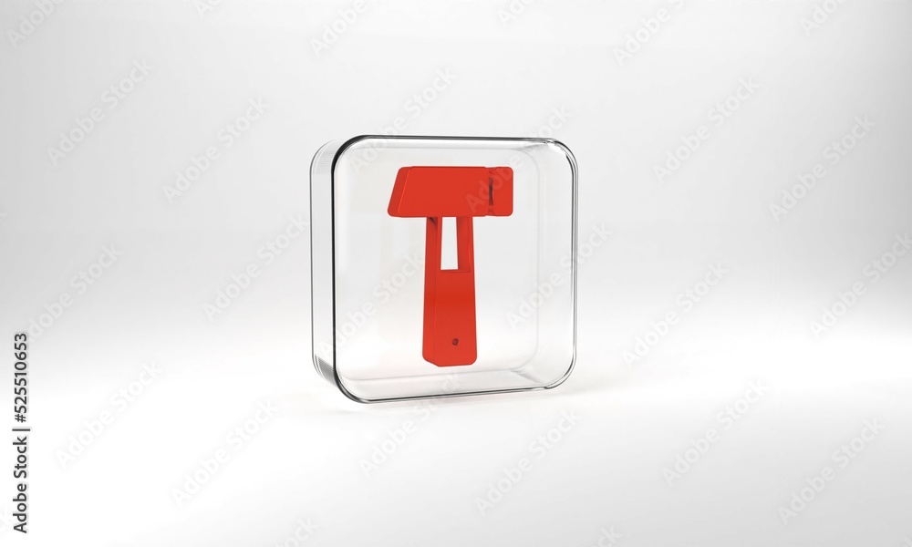 Red Hammer icon isolated on grey background. Tool for repair. Glass square button. 3d illustration 3D render Red Hammer icon isolated on grey background. Tool for repair. Glass square button. 3d illustration 3D render
