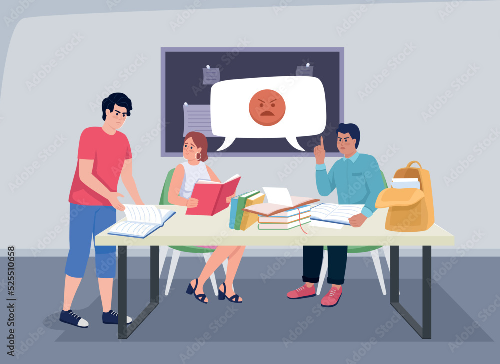 Conflict between students during work upon project flat color vector illustration. Emotional discussion in college. Fully editable 2D simple cartoon characters with auditorium on background Conflict between students during work upon project flat color vector illustration. Emotional discussion in college. Fully editable 2D simple cartoon characters with auditorium on background