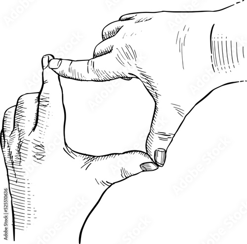 Hands forming a rectangle to simulate framing a photo. Hand language, non-verbal communication. Black and white vector illustration on white background