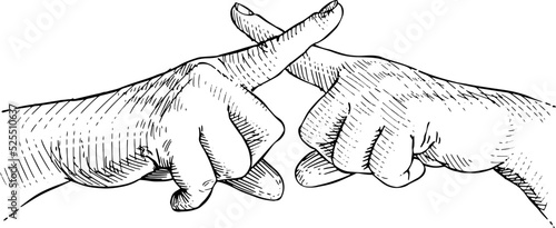 Female hands forming a cross with the fingers in the gesture of refusal. Black and white vector illustration on white background