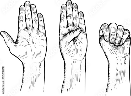 Help sign, international language of domestic violence. Language with the hands, non-verbal communication. Black and white vector illustration on white background
