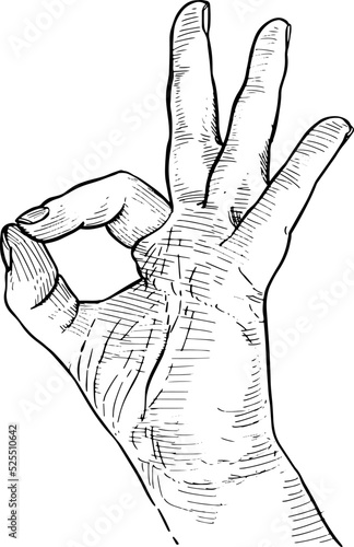 Hand making the OK gesture, palm forward. Black and white vector illustration, white background. Hand gesture concept.
