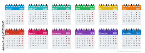 Calendar template 2023, Months, week starts on Monday, color outline