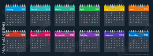 Dark color calendar template 2023, Months, week starts on Monday
