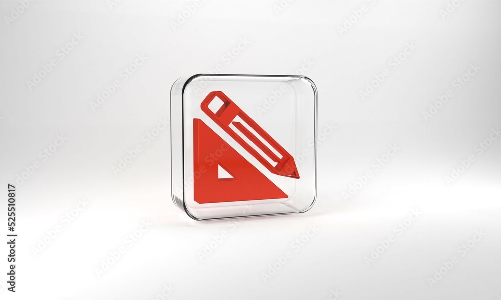 Red Triangular ruler and pencil icon isolated on grey background. Straightedge symbol. Drawing and educational tools. Glass square button. 3d illustration 3D render Red Triangular ruler and pencil icon isolated on grey background. Straightedge symbol. Drawing and educational tools. Glass square button. 3d illustration 3D render