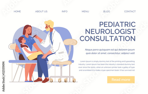 Healthcare concept. Young hipster doctor checks health of female child patient. On consultation with neurologist Planned medical examination, rehabilitation Vector, Web template, landing page, website