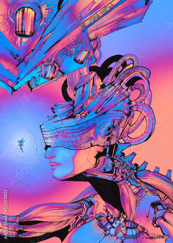 Beautiful sci-fi poster in traditional graphic style. JPEG. Futuristic android looking on the flower in gradient ambient.