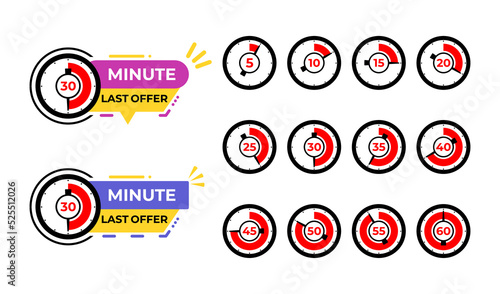 Set of bundle last minute offer banners element with clock icon. Countdown last minute offer from 5 to 60 seconds. 