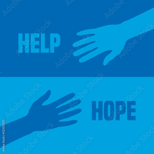help and hope concept with human hands on blue background