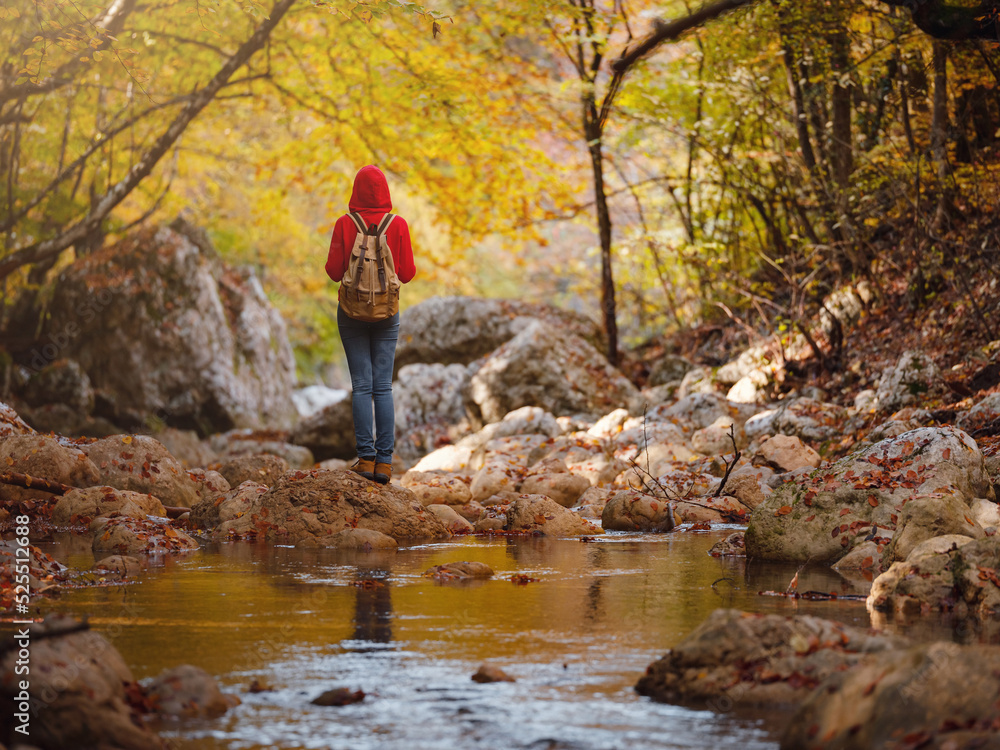 Travel and road trip concept at autumn. Adventure and active lifestyle in nature. Tourist hiking in forest. Asian woman in red hoodie walks in forest. Wanderlust concept. Travel and road trip concept at autumn. Adventure and active lifestyle in nature. Tourist hiking in forest. Asian woman in red hoodie walks in forest. Wanderlust concept.