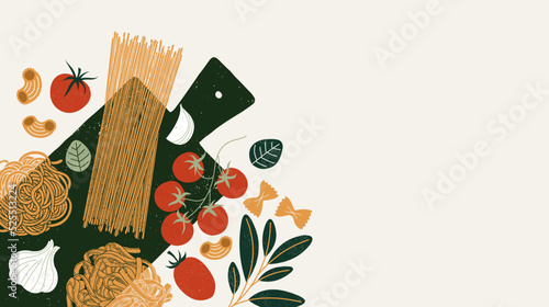 Pasta and tomatoes with garlic and basil. Spaghetti with ingredients. 