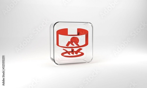 Red 360 degree view icon isolated on grey background. Virtual reality. Angle 360 degree camera. Panorama photo. Glass square button. 3d illustration 3D render