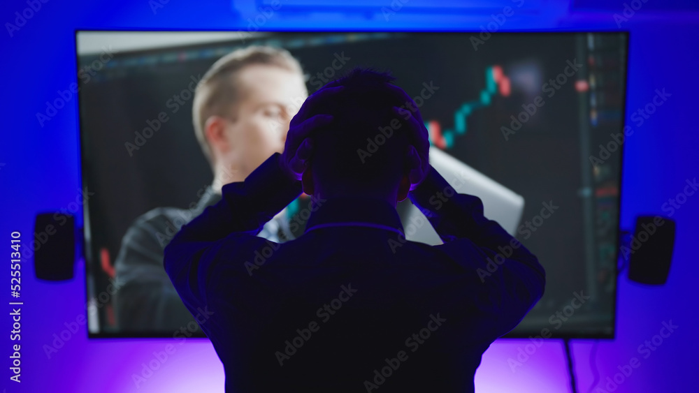 Male person silhouette overflow of media information on television get depressed hold head