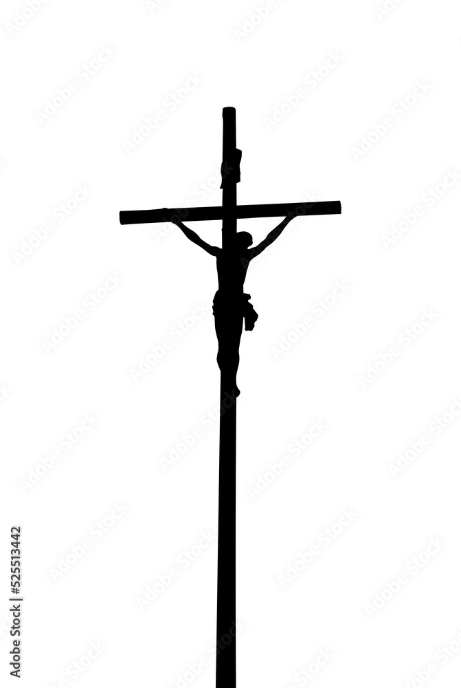 Silhouette of Jesus Christ on the cross isolated on white background.