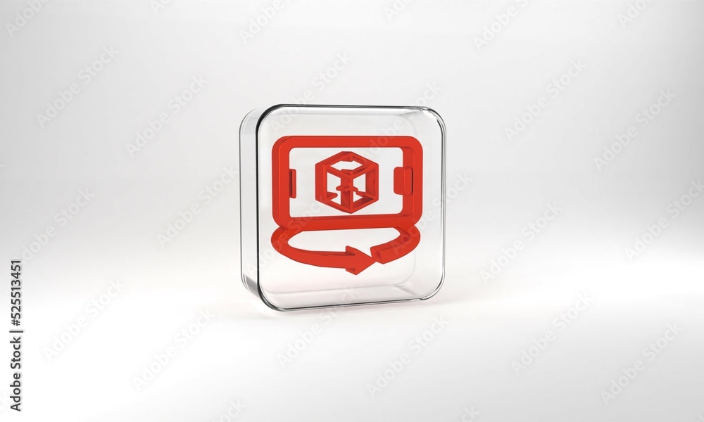 Red 3d modeling icon isolated on grey background. Augmented reality or virtual reality. Glass square button. 3d illustration 3D render Red 3d modeling icon isolated on grey background. Augmented reality or virtual reality. Glass square button. 3d illustration 3D render