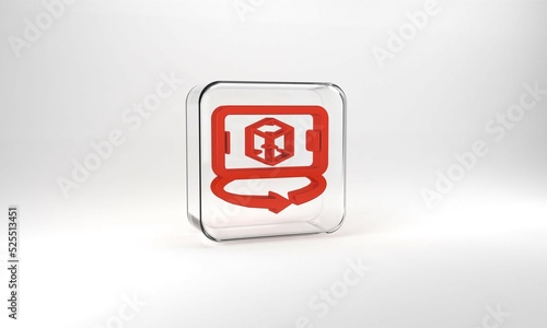 Red 3d modeling icon isolated on grey background. Augmented reality or virtual reality. Glass square button. 3d illustration 3D render