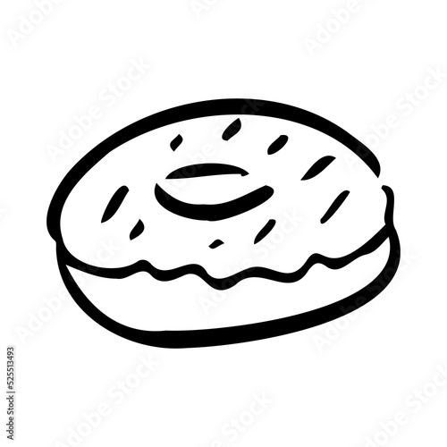 Cute cartoon donut. Isolated flat product. Bagel with pink icing and sprinkles. Donut or bagel icon. Bakery symbol, delicious appetizing pastries. Logo concept. Vector design on a white background.