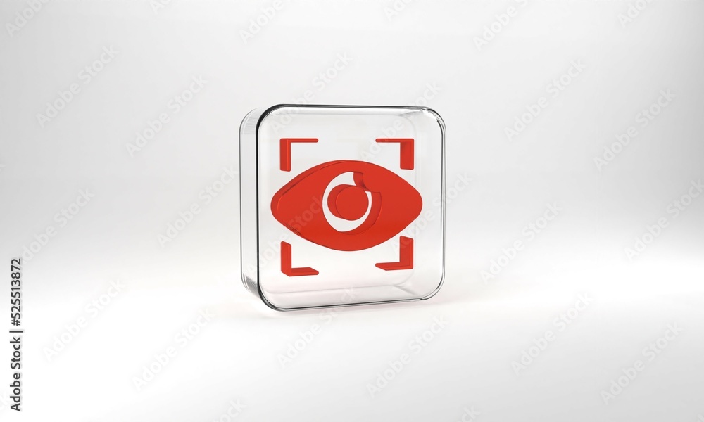 Red Big brother electronic eye icon isolated on grey background. Global surveillance technology, computer systems and networks security. Glass square button. 3d illustration 3D render Red Big brother electronic eye icon isolated on grey background. Global surveillance technology, computer systems and networks security. Glass square button. 3d illustration 3D render