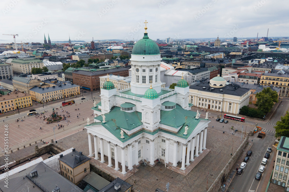 Aerial view of Helsinki cathedral, lutheran church from drone in summer day with clouds