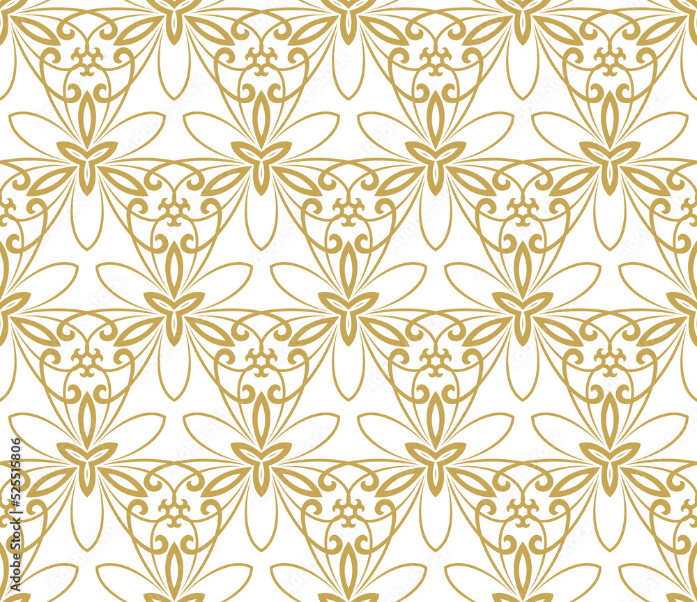Floral ornament. Seamless abstract classic golden background with flowers. Golden pattern with repeating floral elements. Ornament for fabric, wallpaper and packaging Floral ornament. Seamless abstract classic golden background with flowers. Golden pattern with repeating floral elements. Ornament for fabric, wallpaper and packaging