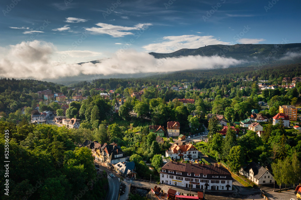 Beautiful scenery of the Szklarska Poreba town in Karkonosze mountains, Giant Mountains. Poland