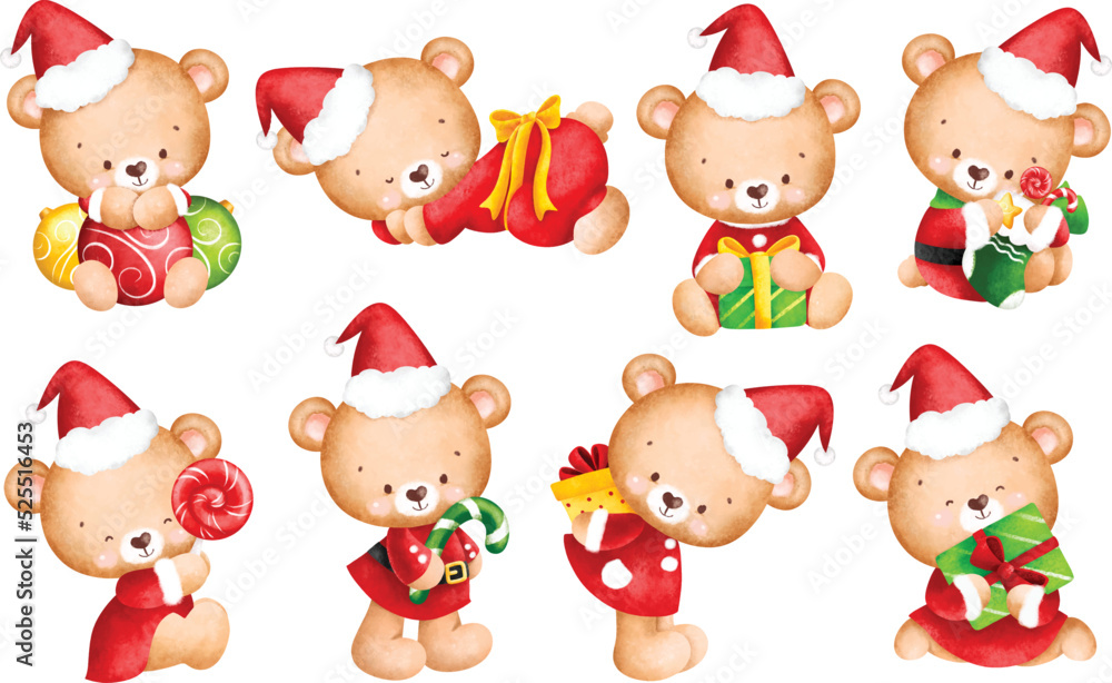 Obraz premium Watercolor Illustration set of Christmas cute teddy bear