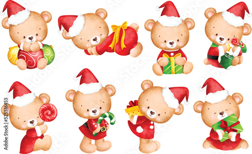 Watercolor Illustration set of Christmas cute teddy bear