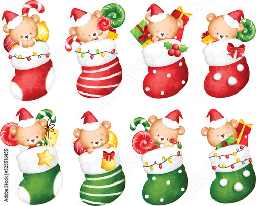 Watercolor Illustration set of Christmas socks with cute teddy bear candy and gift