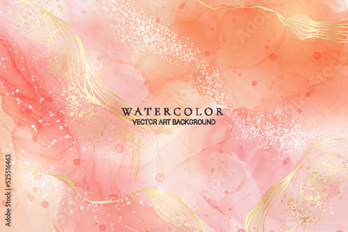 Rose pink liquid watercolor background with golden dots. Dusty blush marble alcohol ink drawing effect. Vector illustration design template for wedding invitation, menu, rsvp