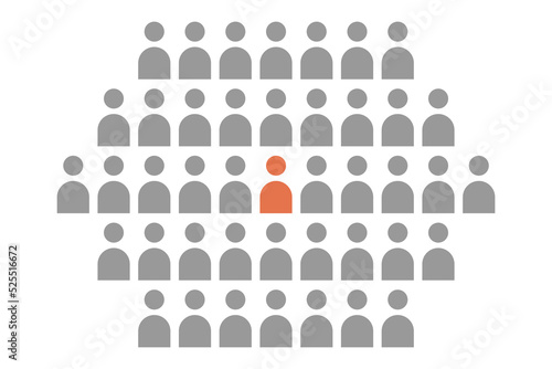 Person standing in the middle center of a group, spotlighted. Being part, integrated in a group. Stand out from the crowd. Vector.
