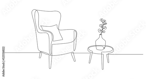 One continuous line drawing of armchair and lamp and potted plant. Modern rustic furniture for living room interior in simple linear style. Editable stroke. Doodle Vector illustration