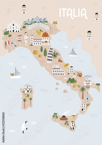 Vector illustration of map of Italy with famous cities and destinations