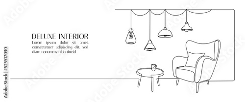 One continuous line drawing of armchair and hanging lamp. Modern loft furniture for living room interior in simple linear style. Editable stroke. Doodle Vector illustration