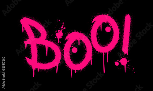 Boo with splash effect and drops. Urban street graffiti style. Happy halloween. Print for graphic tee, sweatshirt, poster. Vector illustration on dark background