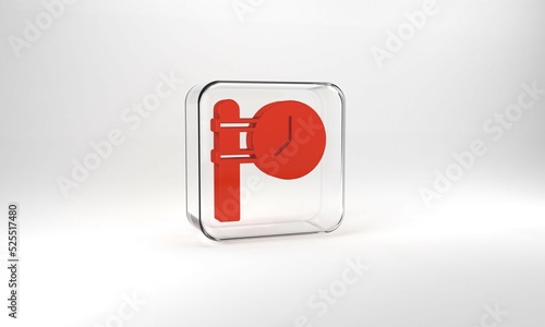 Red Train station clock icon isolated on grey background. Glass square button. 3d illustration 3D render