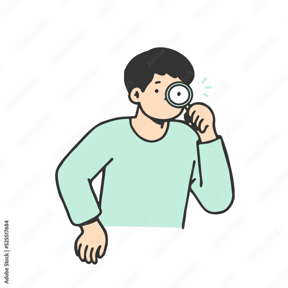 Young man with magnifying glass. Search engine concept. Hand drawn style, vector illustration. Young man with magnifying glass. Search engine concept. Hand drawn style, vector illustration.