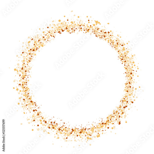 Golden Dust Dots circle frame. Abstract glitter background with dots and sparkles. Copy space for text