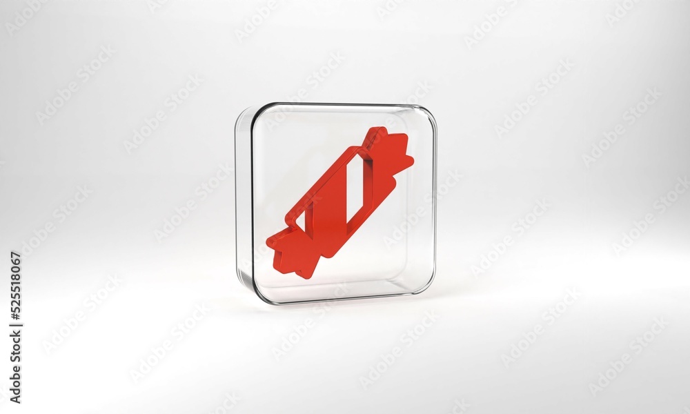 Red Candy icon isolated on grey background. Merry Christmas and Happy New Year. Glass square button. 3d illustration 3D render Red Candy icon isolated on grey background. Merry Christmas and Happy New Year. Glass square button. 3d illustration 3D render
