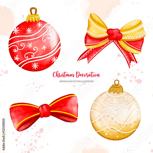 Set of Christmas balls and Bow, Christmas decor, Digital paint watercolor illustration..